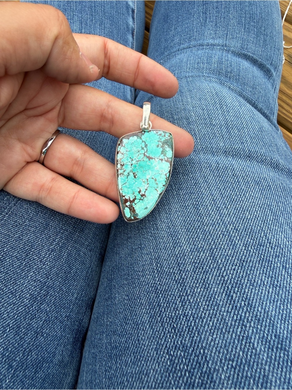 Navajo Sterling Silver Turquoise Pendant - Blue-Green Stone